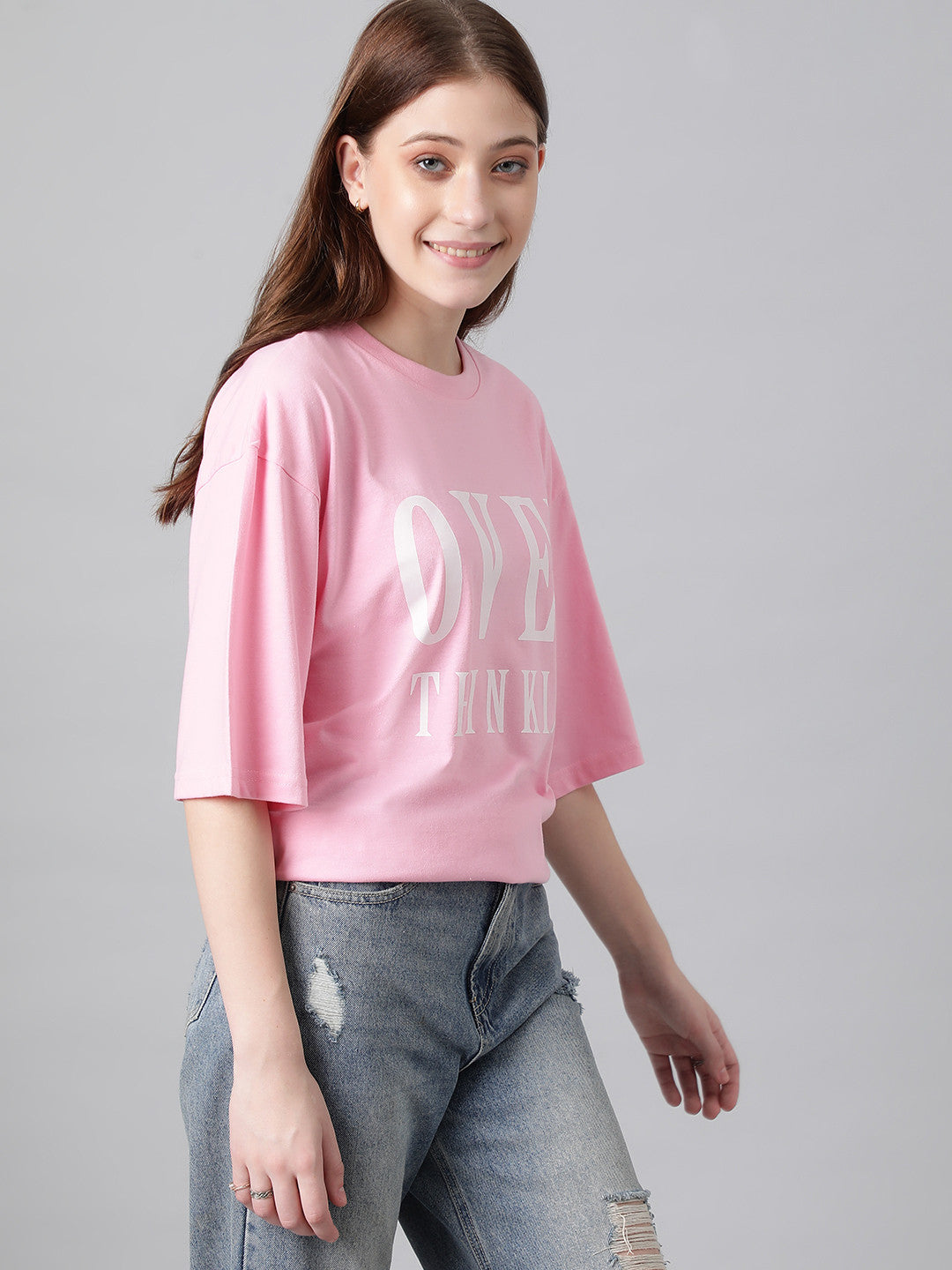 KOTTY Printed, Typography Women Round Neck Pink T-Shirt 
