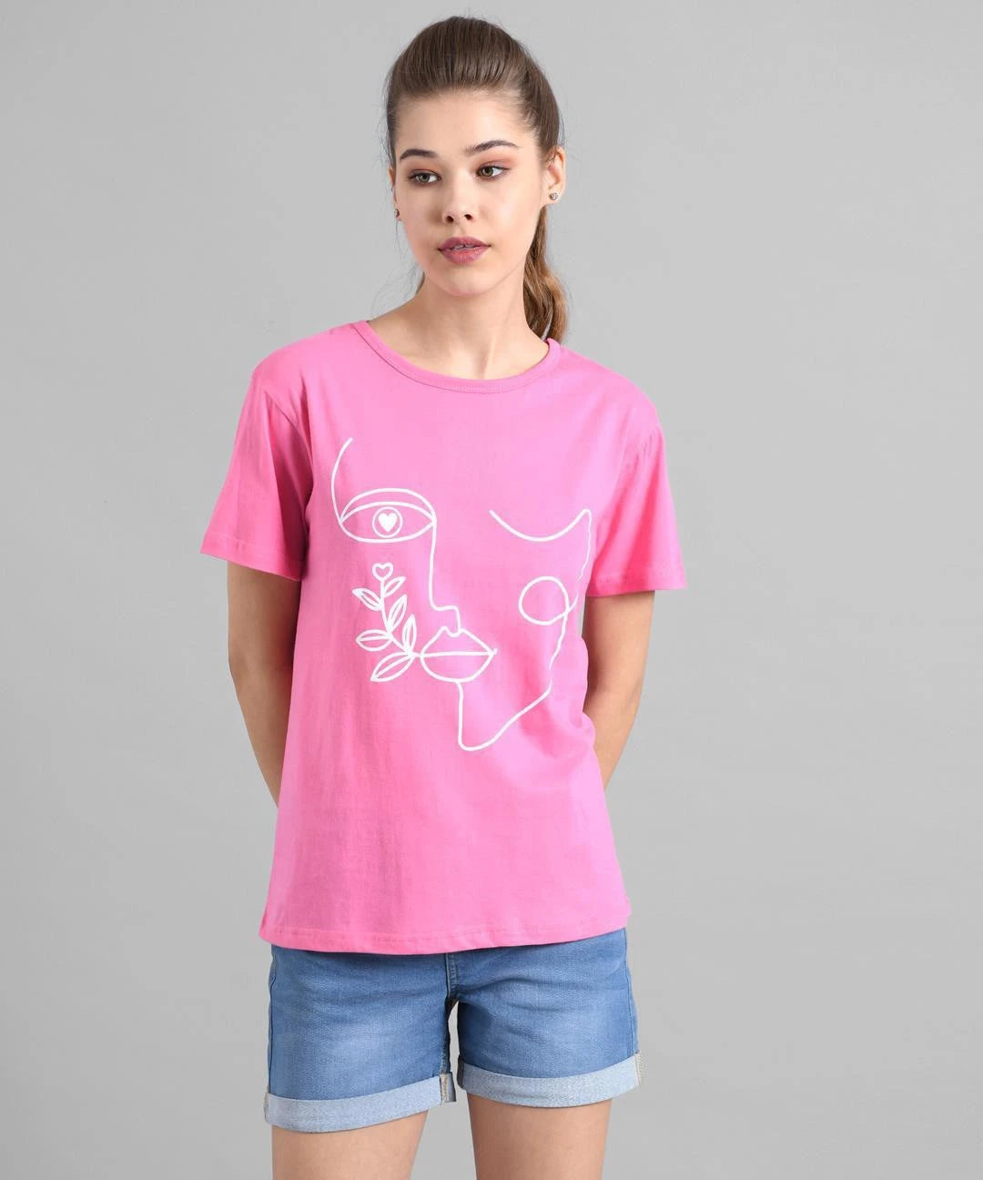 KOTTY Printed Women Round Neck Pink T-Shirt 