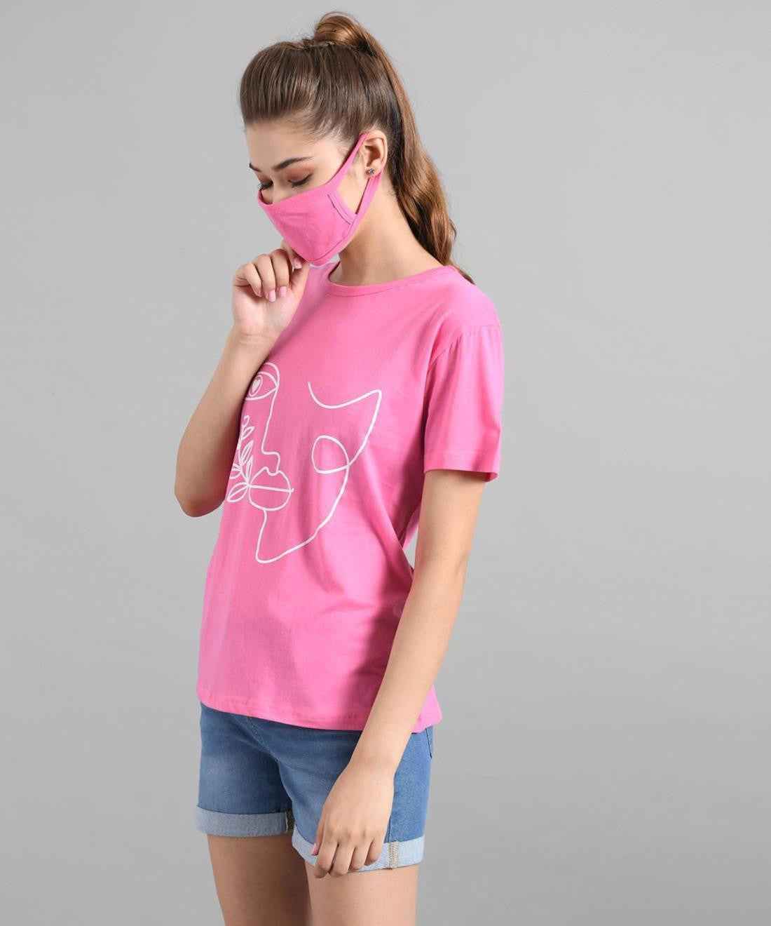 KOTTY Printed Women Round Neck Pink T-Shirt 