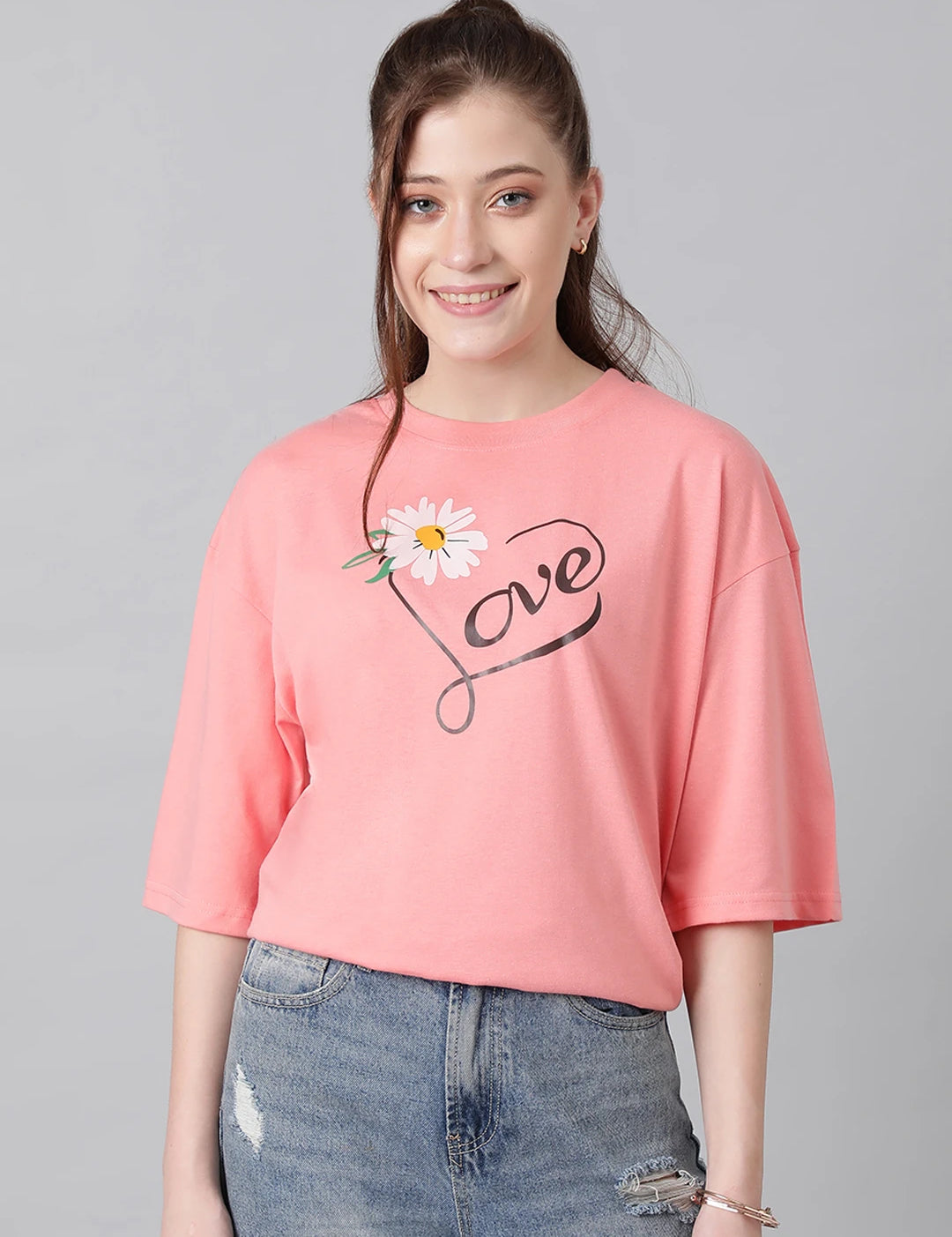 KOTTY Printed, Typography Women Round Neck Pink T-Shirt 