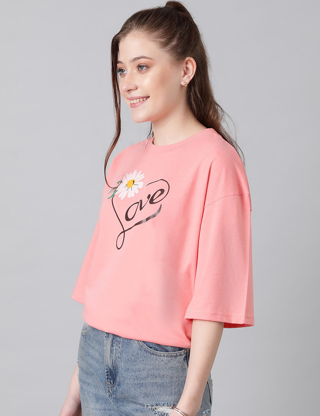 KOTTY Printed, Typography Women Round Neck Pink T-Shirt 