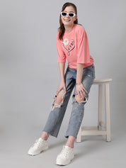 KOTTY Printed, Typography Women Round Neck Pink T-Shirt 