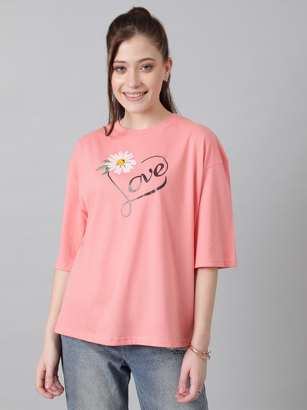 KOTTY Printed, Typography Women Round Neck Pink T-Shirt 