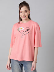 KOTTY Printed, Typography Women Round Neck Pink T-Shirt 