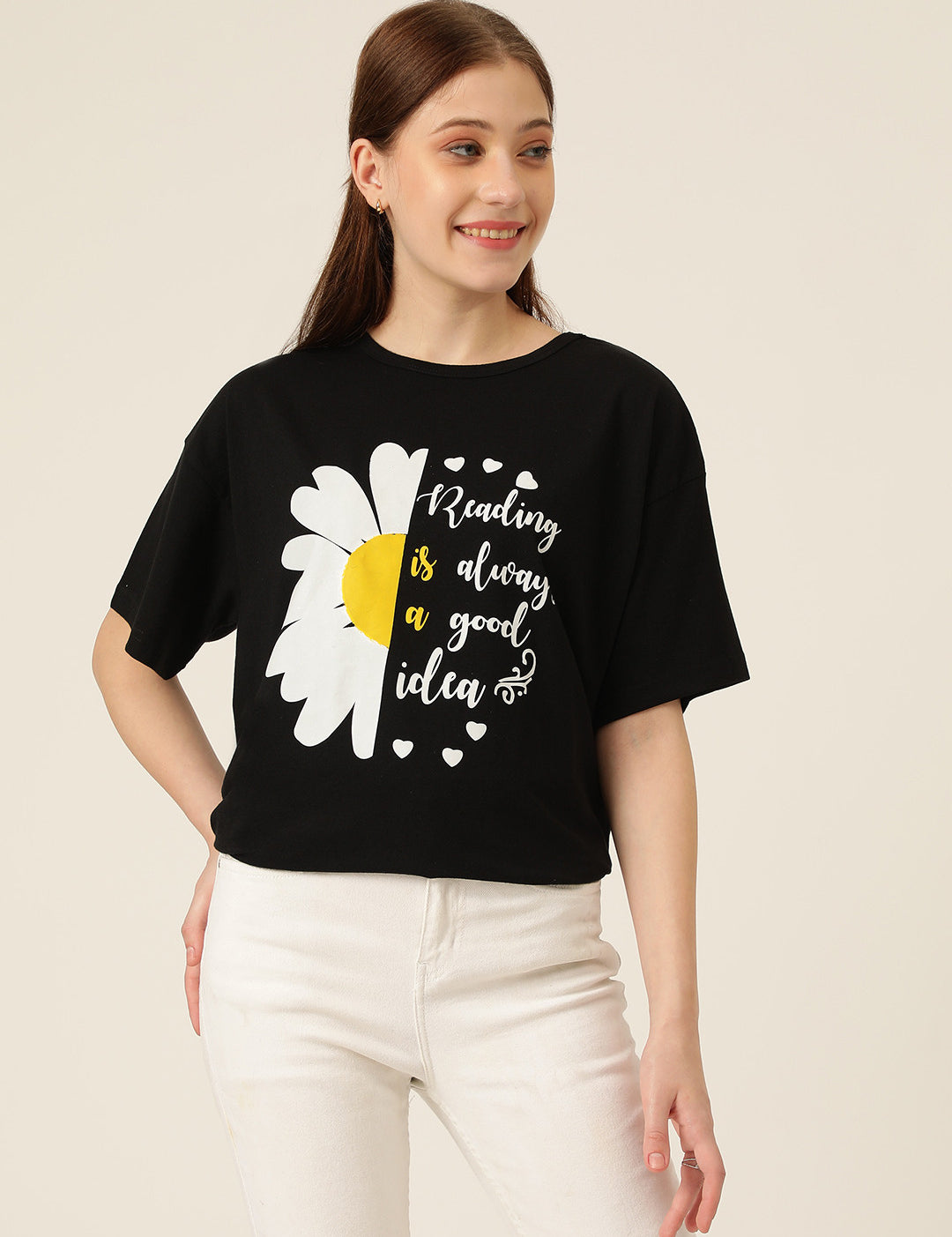 KOTTY Printed Women Round Neck Black T-Shirt 