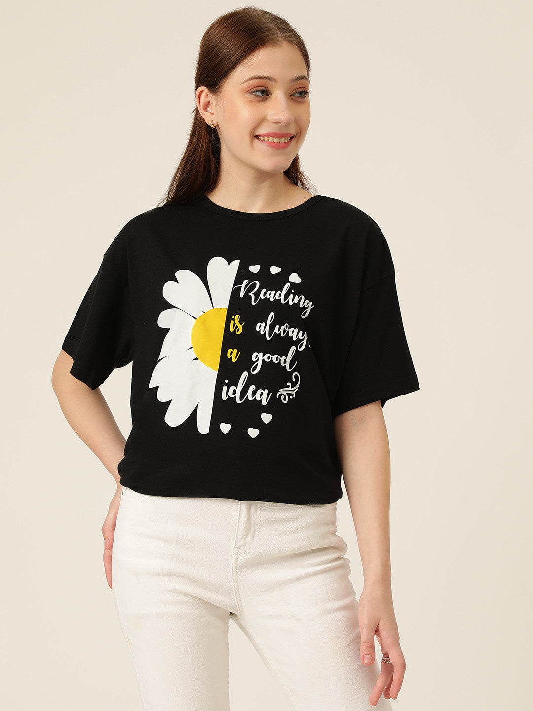 KOTTY Printed Women Round Neck Black T-Shirt 