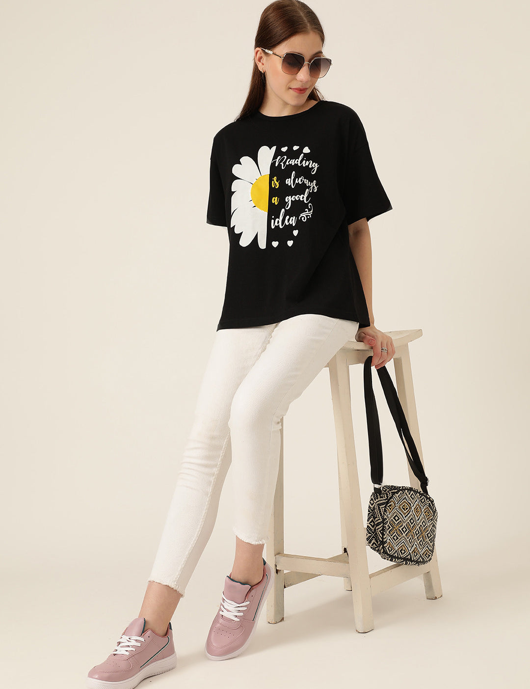KOTTY Printed Women Round Neck Black T-Shirt 