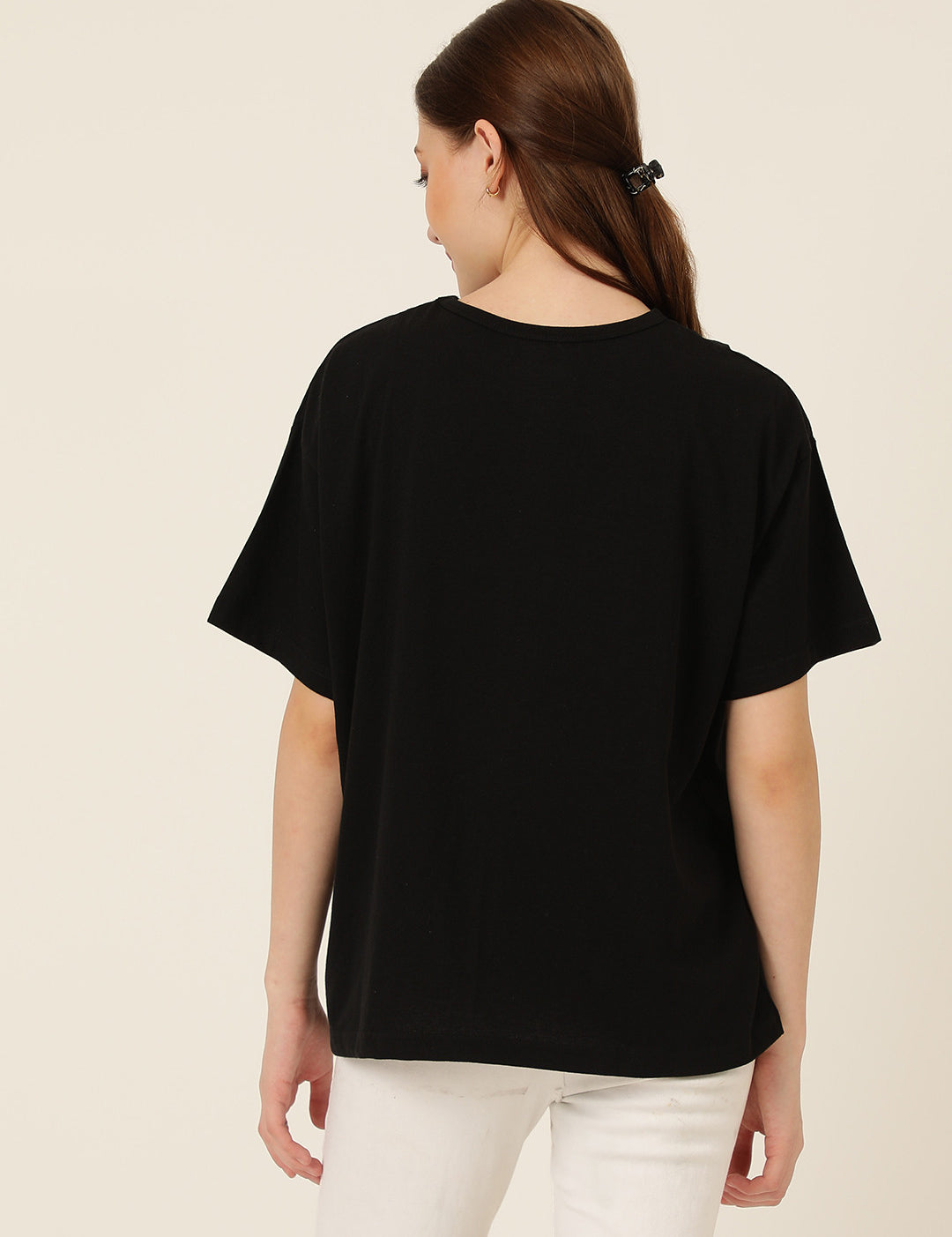 KOTTY Printed Women Round Neck Black T-Shirt 