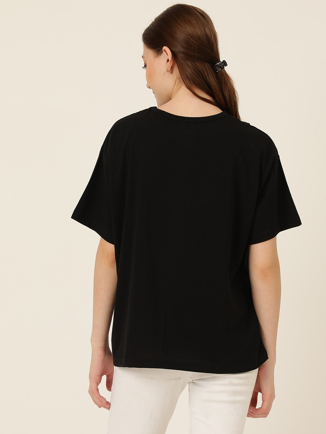 KOTTY Printed Women Round Neck Black T-Shirt 