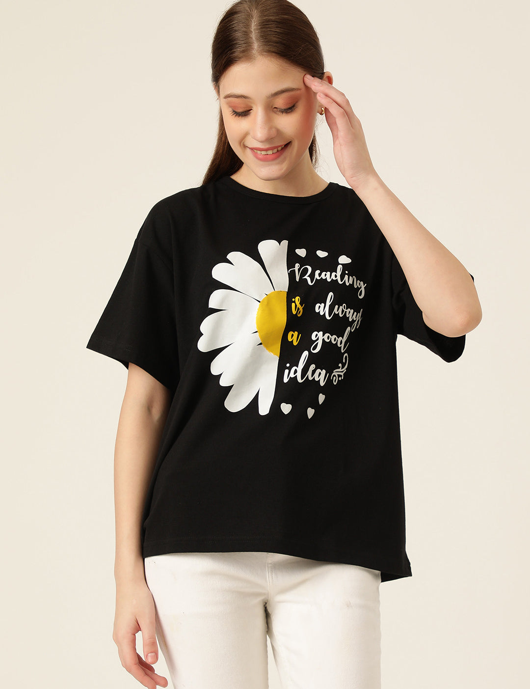 KOTTY Printed Women Round Neck Black T-Shirt 