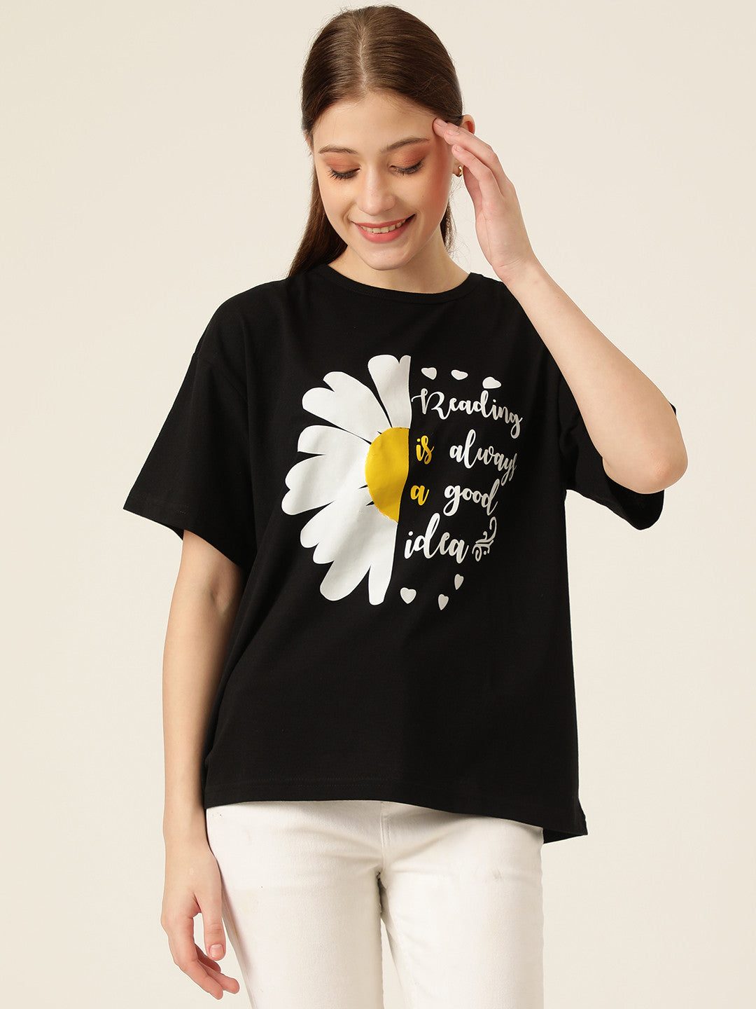 KOTTY Printed Women Round Neck Black T-Shirt 