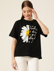 KOTTY Printed Women Round Neck Black T-Shirt 