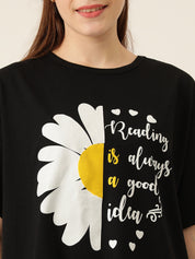 KOTTY Printed Women Round Neck Black T-Shirt 