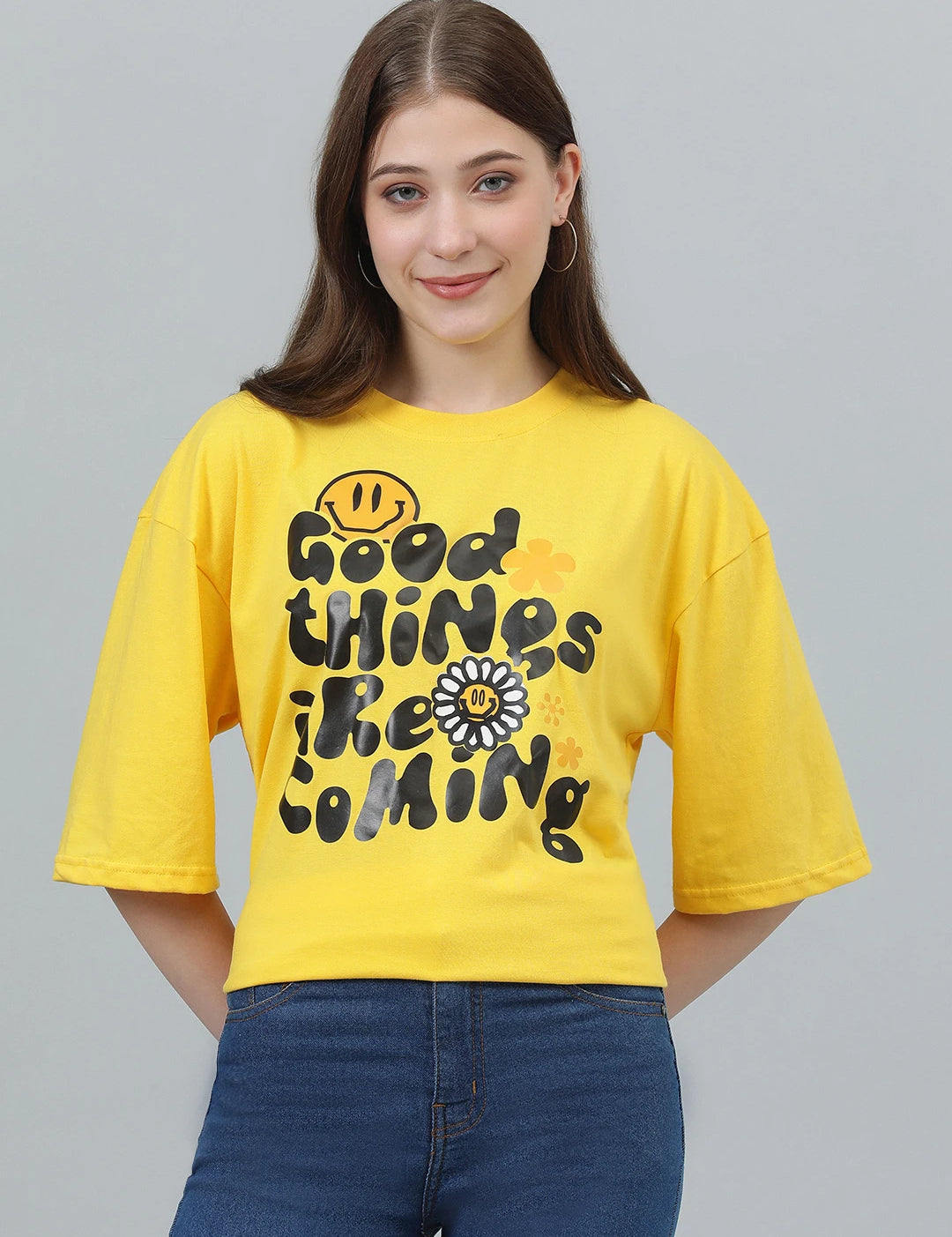 KOTTY Printed, Typography Women Round Neck Yellow T-Shirt 