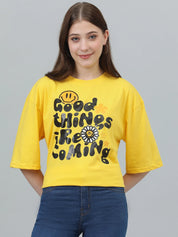 KOTTY Printed, Typography Women Round Neck Yellow T-Shirt 