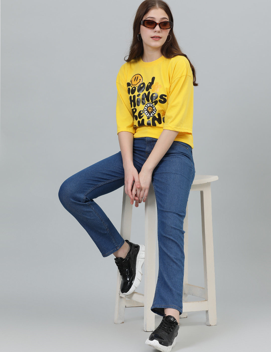 KOTTY Printed, Typography Women Round Neck Yellow T-Shirt 
