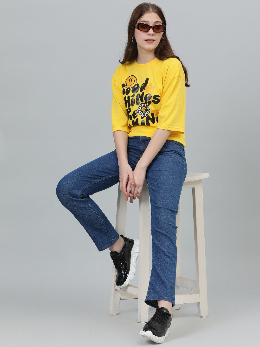 KOTTY Printed, Typography Women Round Neck Yellow T-Shirt 