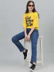 KOTTY Printed, Typography Women Round Neck Yellow T-Shirt 