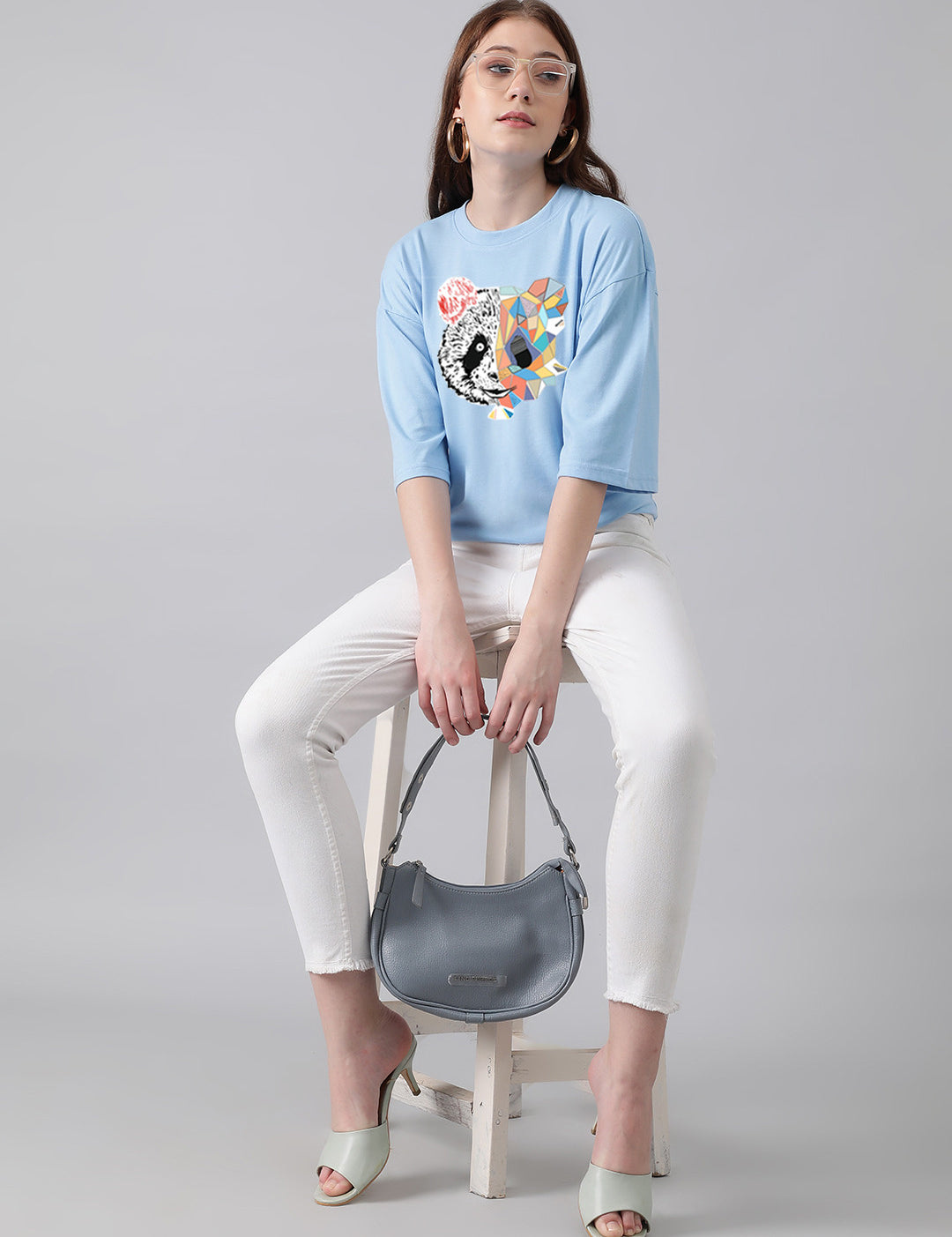 KOTTY Printed, Typography Women Round Neck Light Blue T-Shirt 