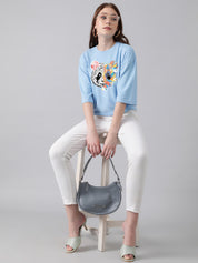 KOTTY Printed, Typography Women Round Neck Light Blue T-Shirt 