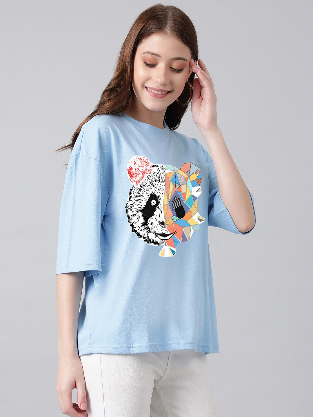 KOTTY Printed, Typography Women Round Neck Light Blue T-Shirt 