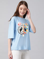 KOTTY Printed, Typography Women Round Neck Light Blue T-Shirt 