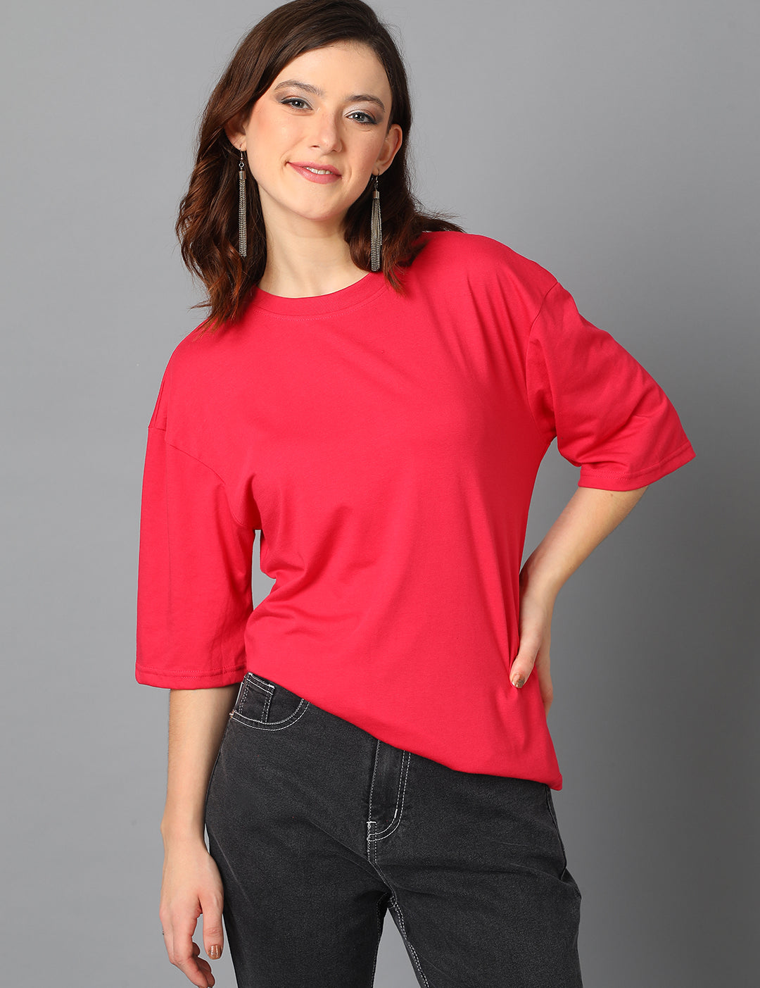 KOTTY Women's Cotton Blend Solid Oversized T-Shirts