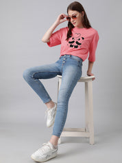 KOTTY Printed Women Round Neck Pink T-Shirt 