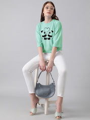 KOTTY Printed Women Round Neck Light Green T-Shirt 