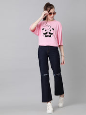 KOTTY Printed Women Round Neck Pink T-Shirt 