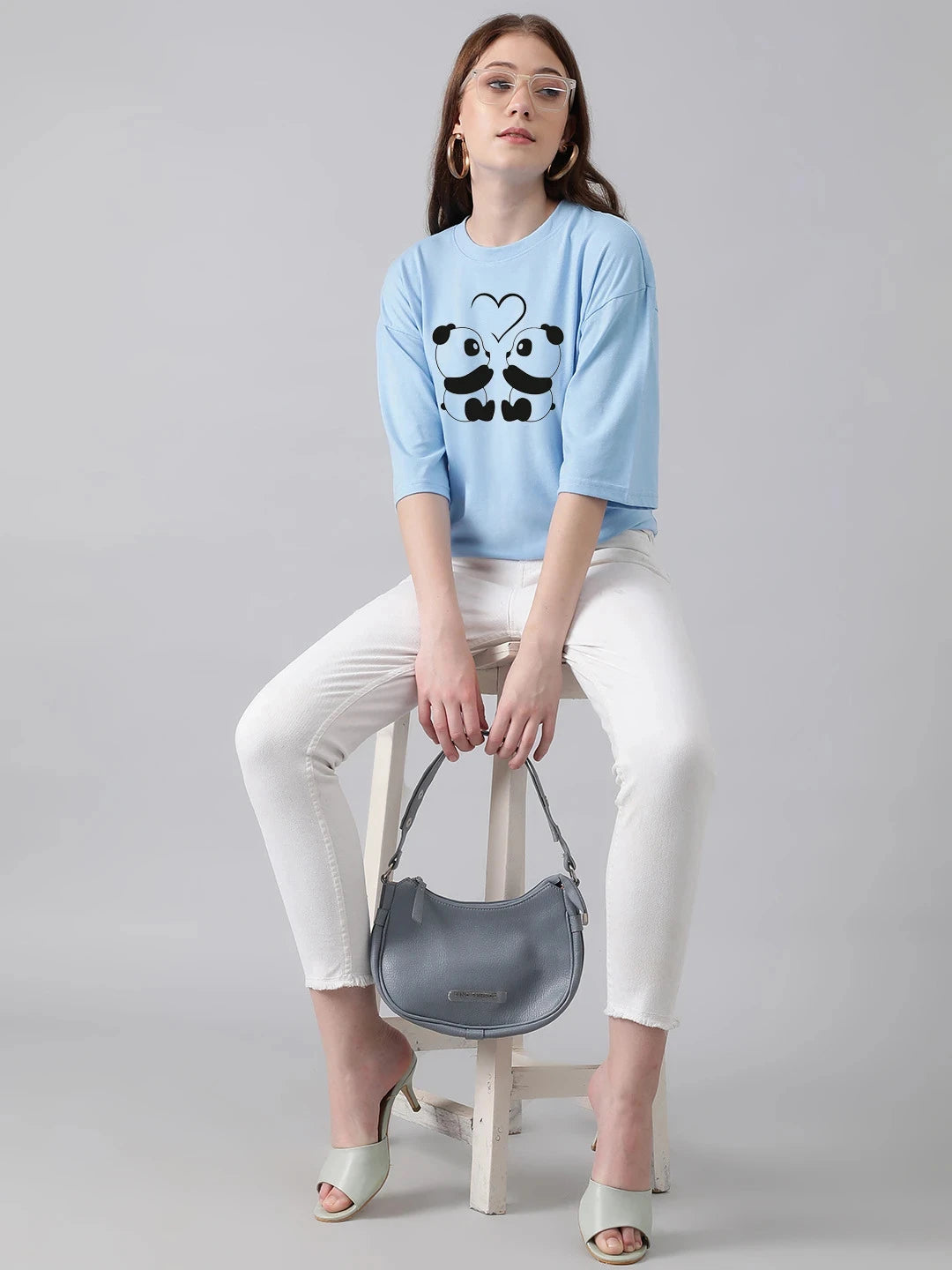 KOTTY Printed Women Round Neck Light Blue T-Shirt 
