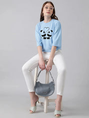 KOTTY Printed Women Round Neck Light Blue T-Shirt 