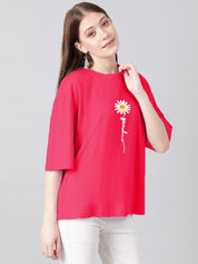 KOTTY Printed Women Round Neck Pink T-Shirt 