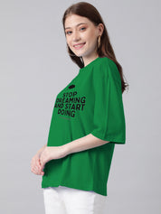 KOTTY Typography Women Round Neck Dark Green T-Shirt 