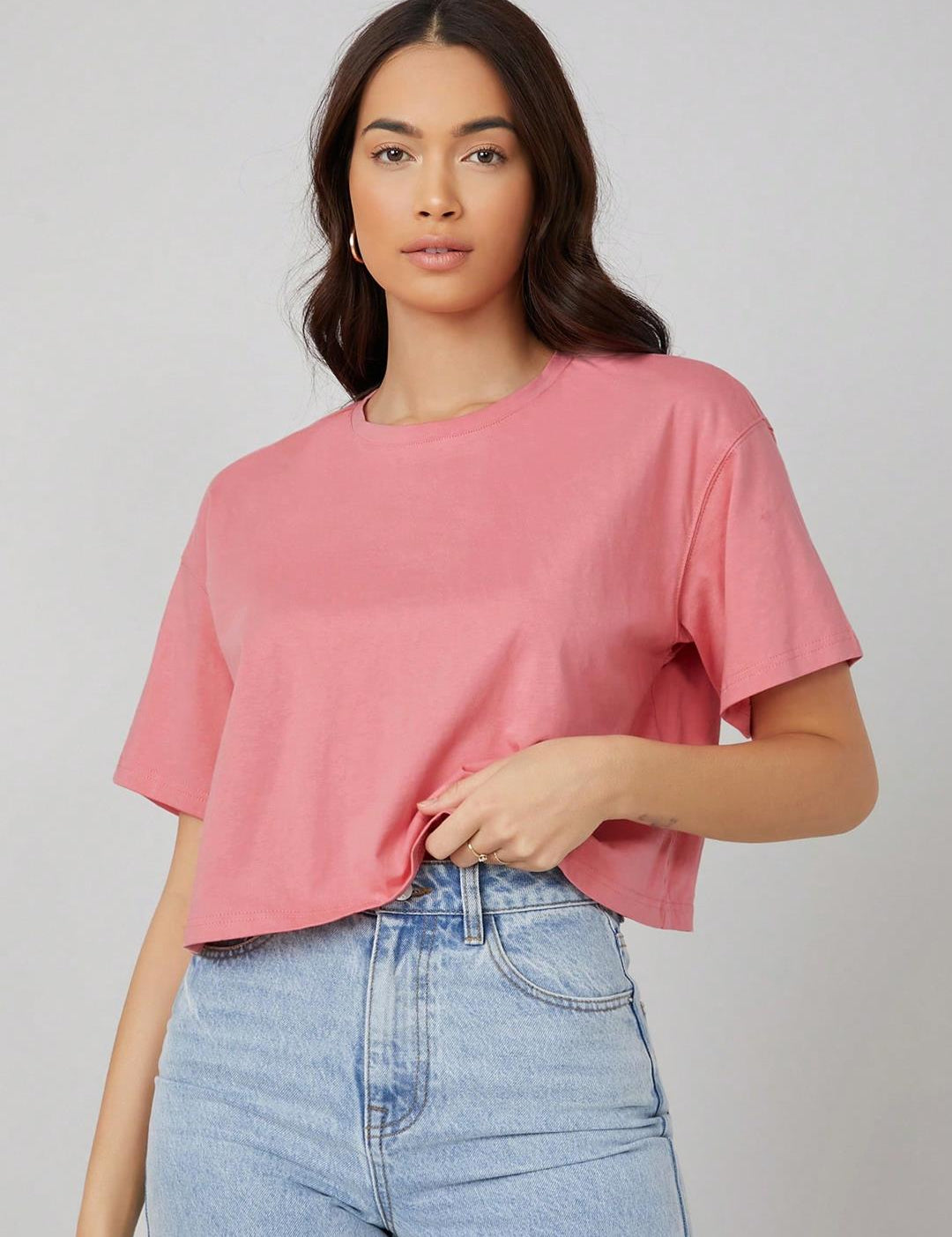 KOTTY Women's Solid Cotton Blend Oversized Crop T-Shirts