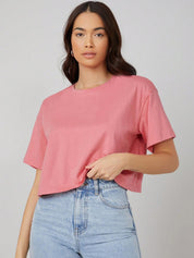 KOTTY Women's Solid Cotton Blend Oversized Crop T-Shirts