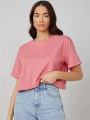 KOTTY Solid Women Round Neck Pink T-Shirt 