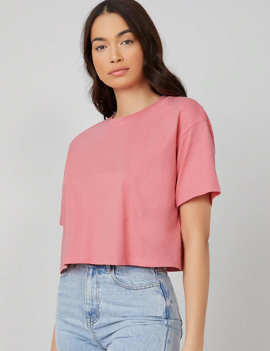 KOTTY Women's Solid Cotton Blend Oversized Crop T-Shirts