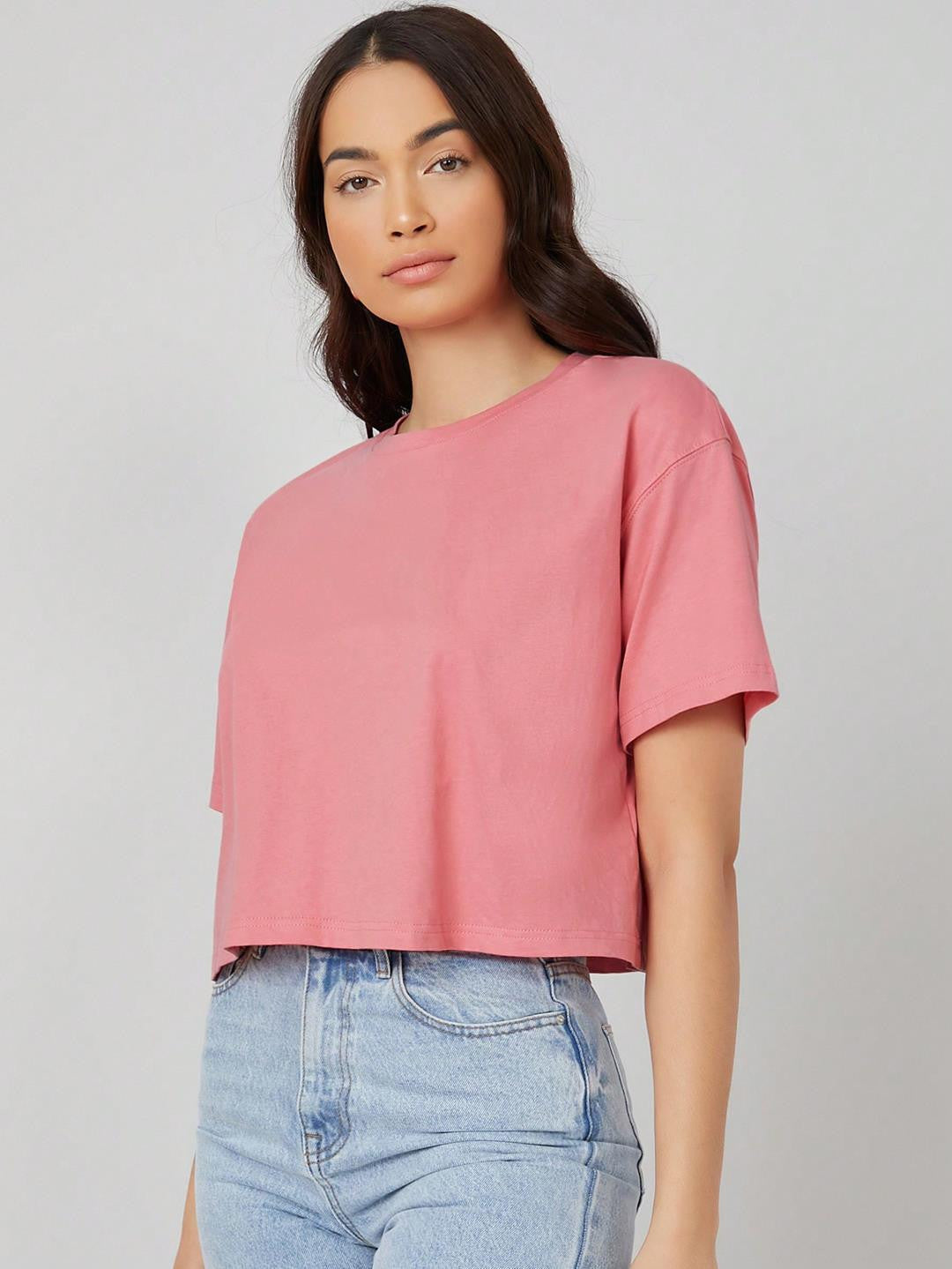KOTTY Solid Women Round Neck Pink T-Shirt 