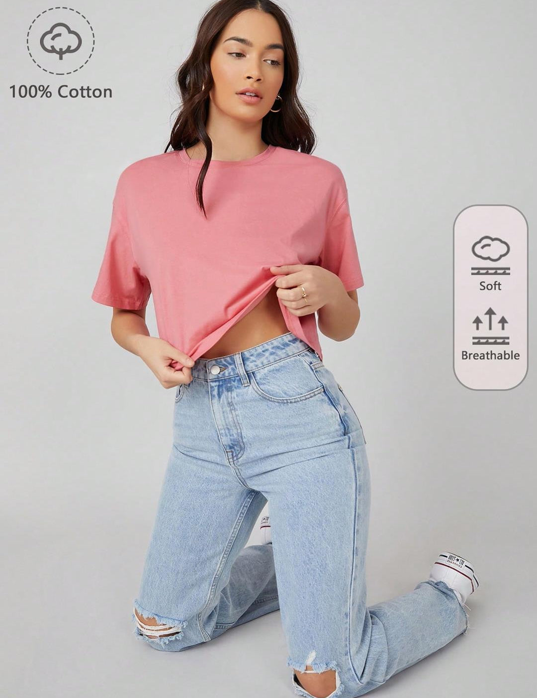KOTTY Women's Solid Cotton Blend Oversized Crop T-Shirts