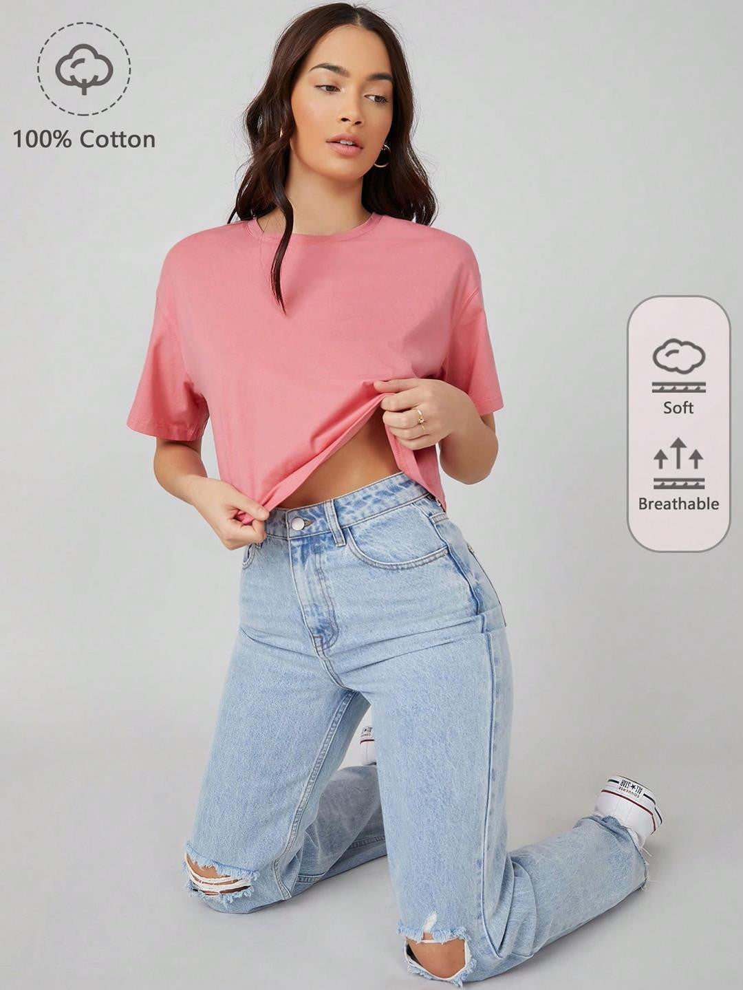 KOTTY Solid Women Round Neck Pink T-Shirt 