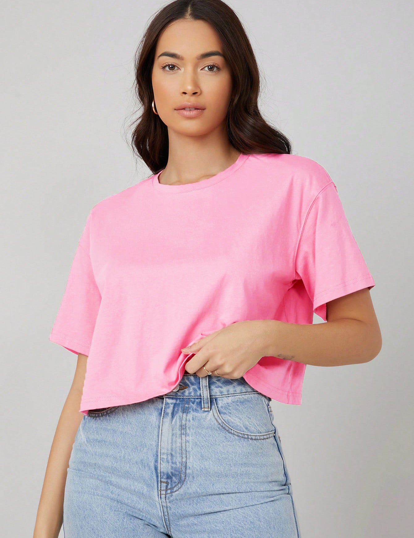 KOTTY Women's Solid Cotton Blend Oversized Crop T-Shirts