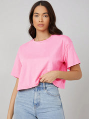 KOTTY Solid Women Round Neck Pink T-Shirt 