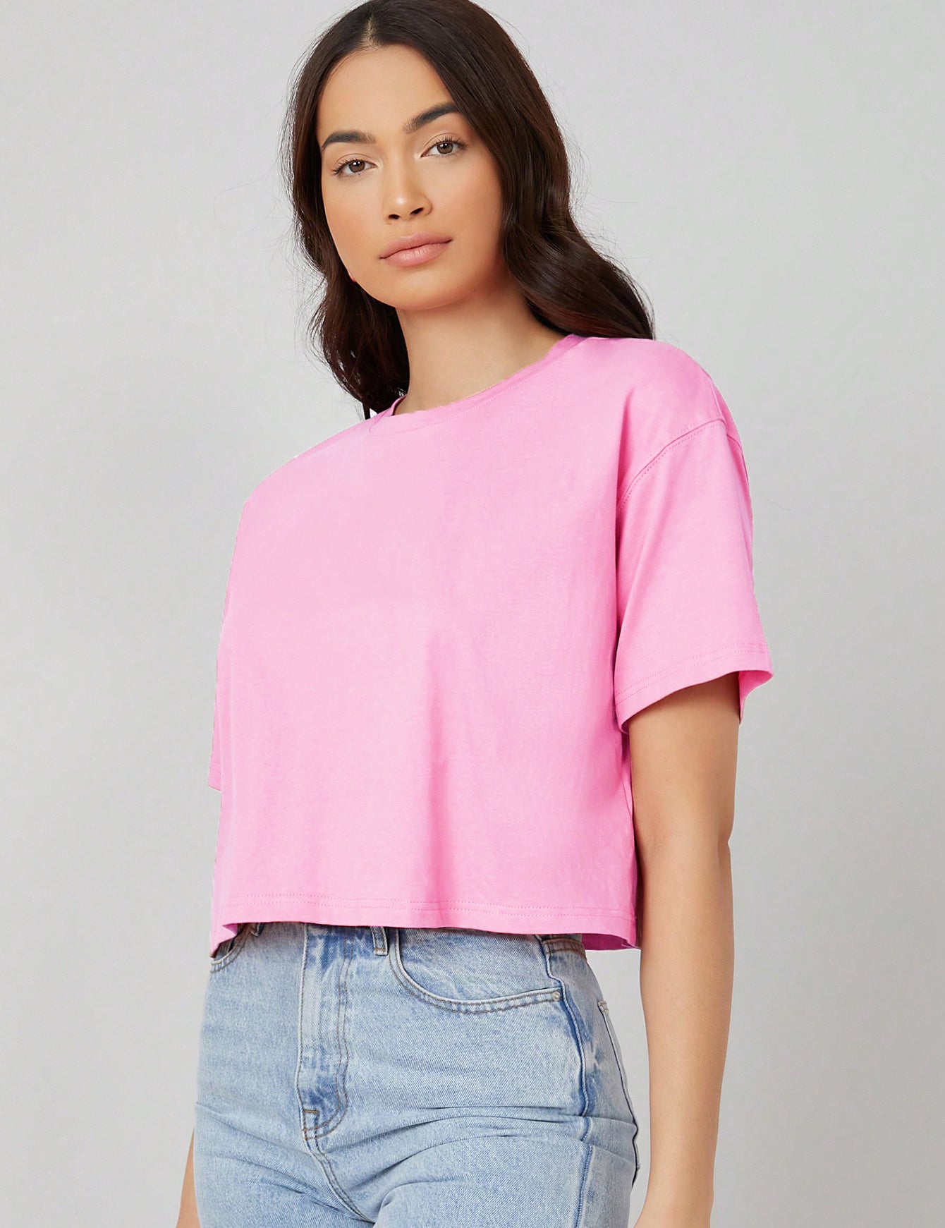 KOTTY Women's Solid Cotton Blend Oversized Crop T-Shirts
