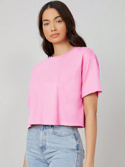 KOTTY Solid Women Round Neck Pink T-Shirt 
