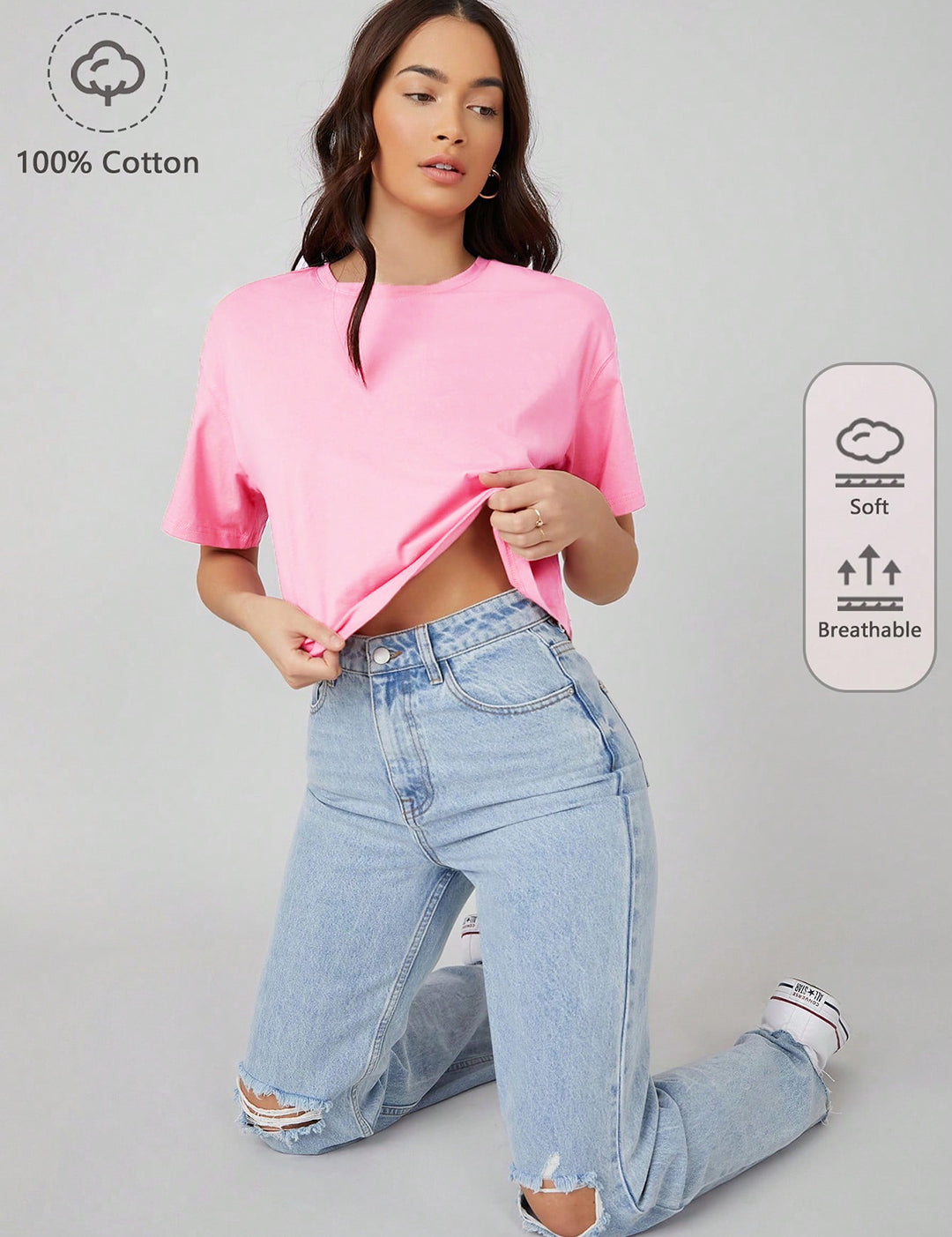 KOTTY Women's Solid Cotton Blend Oversized Crop T-Shirts