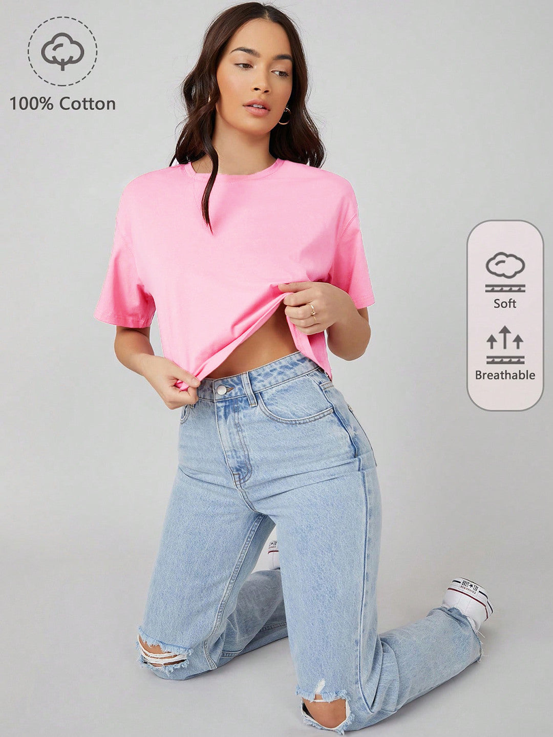 KOTTY Solid Women Round Neck Pink T-Shirt 
