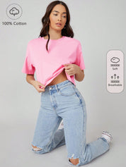 KOTTY Solid Women Round Neck Pink T-Shirt 