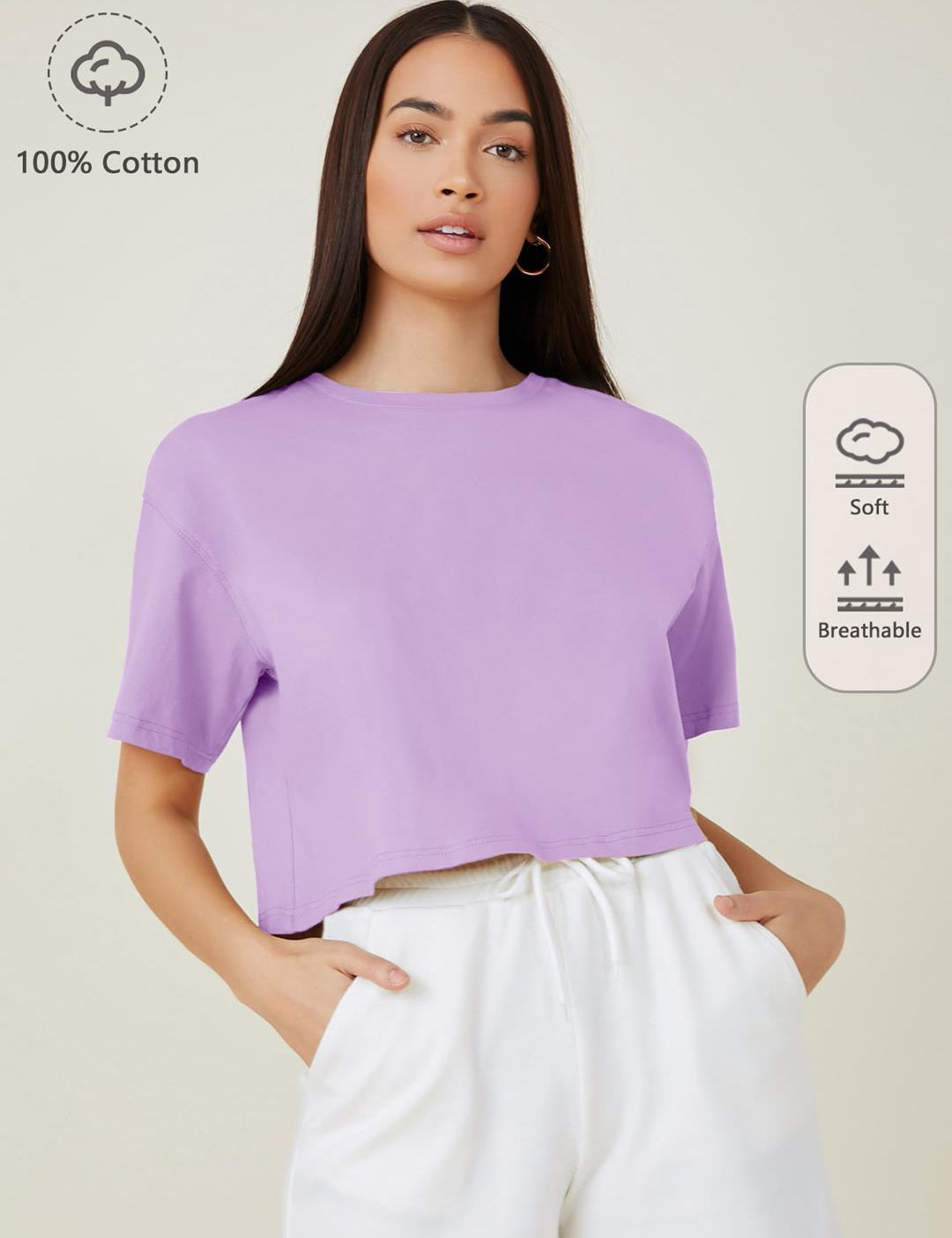 KOTTY Women's Solid Cotton Blend Oversized Crop T-Shirts