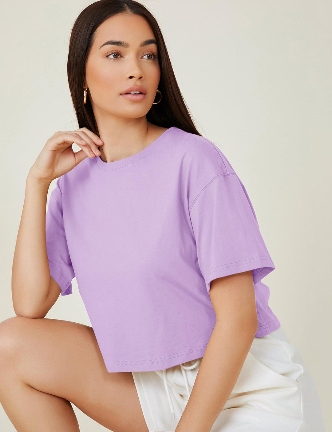 KOTTY Women's Solid Cotton Blend Oversized Crop T-Shirts